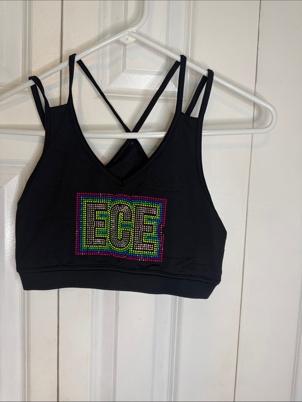 Varsity Black Strappy Bodysuit Top with Multicolor Rhinestone ECE
